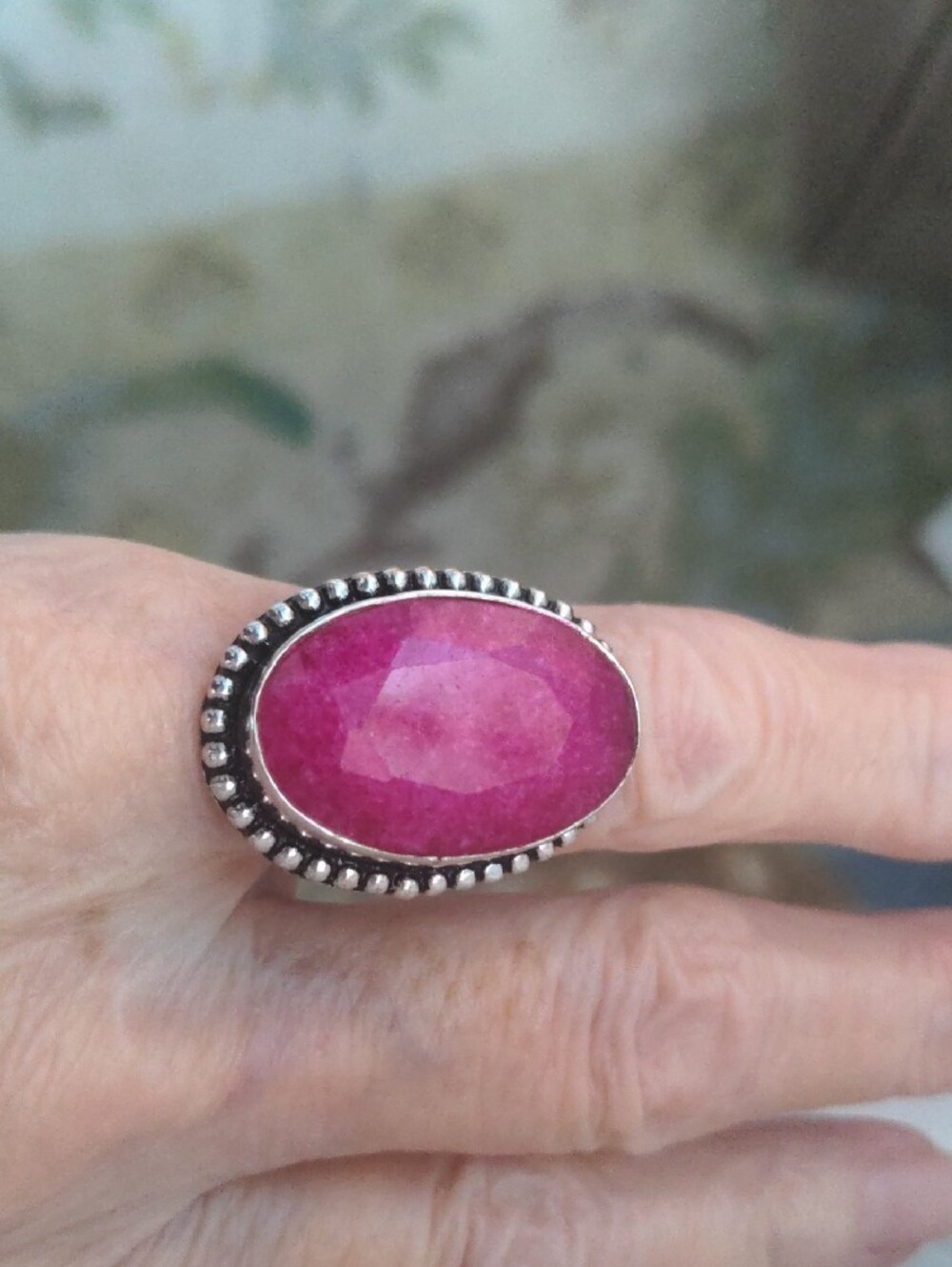 Pink- red Ruby Corundum Sterling Silver Ring. Large, Statement, 7 1/2, Gemstone